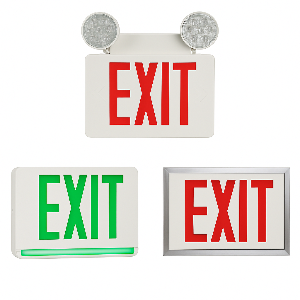 Exit Signs / Emergency Lights — triangle collage of combo EXIT with lamp heads, green EXIT sign, and red steel EXIT sign on white