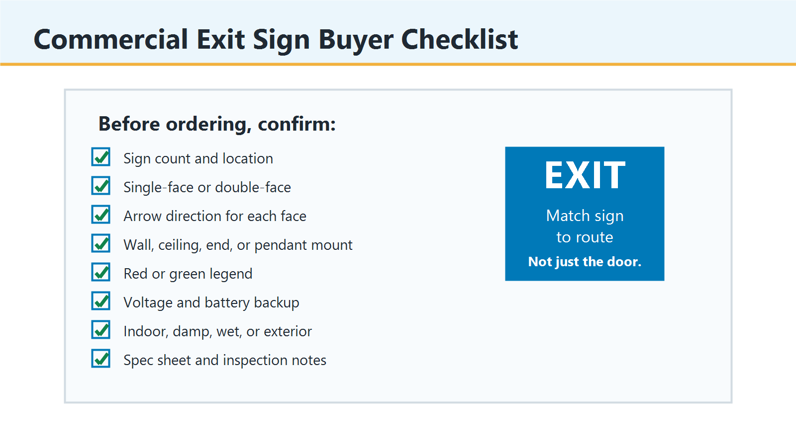 Commercial exit sign buyer checklist for matching sign count, face count, arrows, mounting, voltage, and environment.