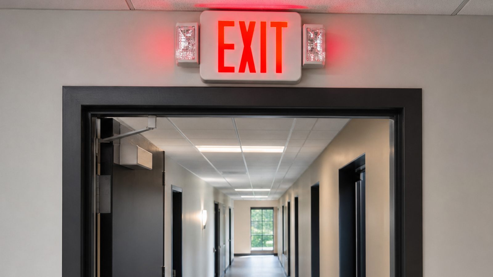 Illuminated exit sign marking a commercial building exit route.
