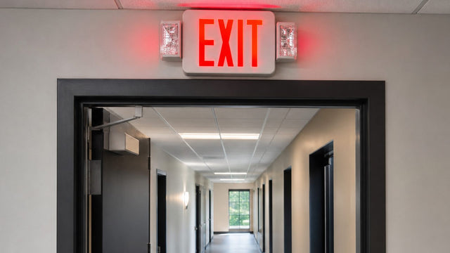 Illuminated exit sign marking a commercial building exit route.