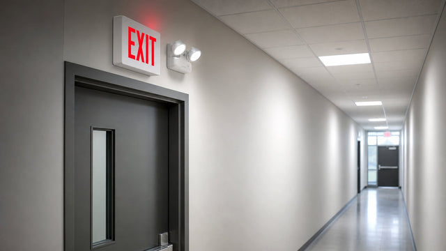 Commercial corridor with an illuminated exit sign and emergency lighting along an egress path.