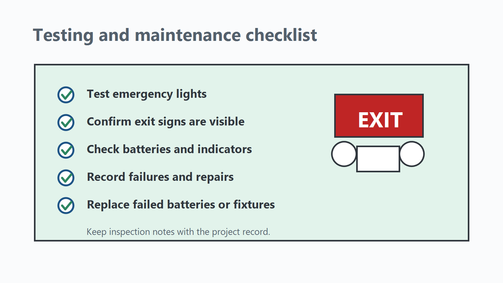 Emergency light and exit sign testing checklist for commercial building maintenance.