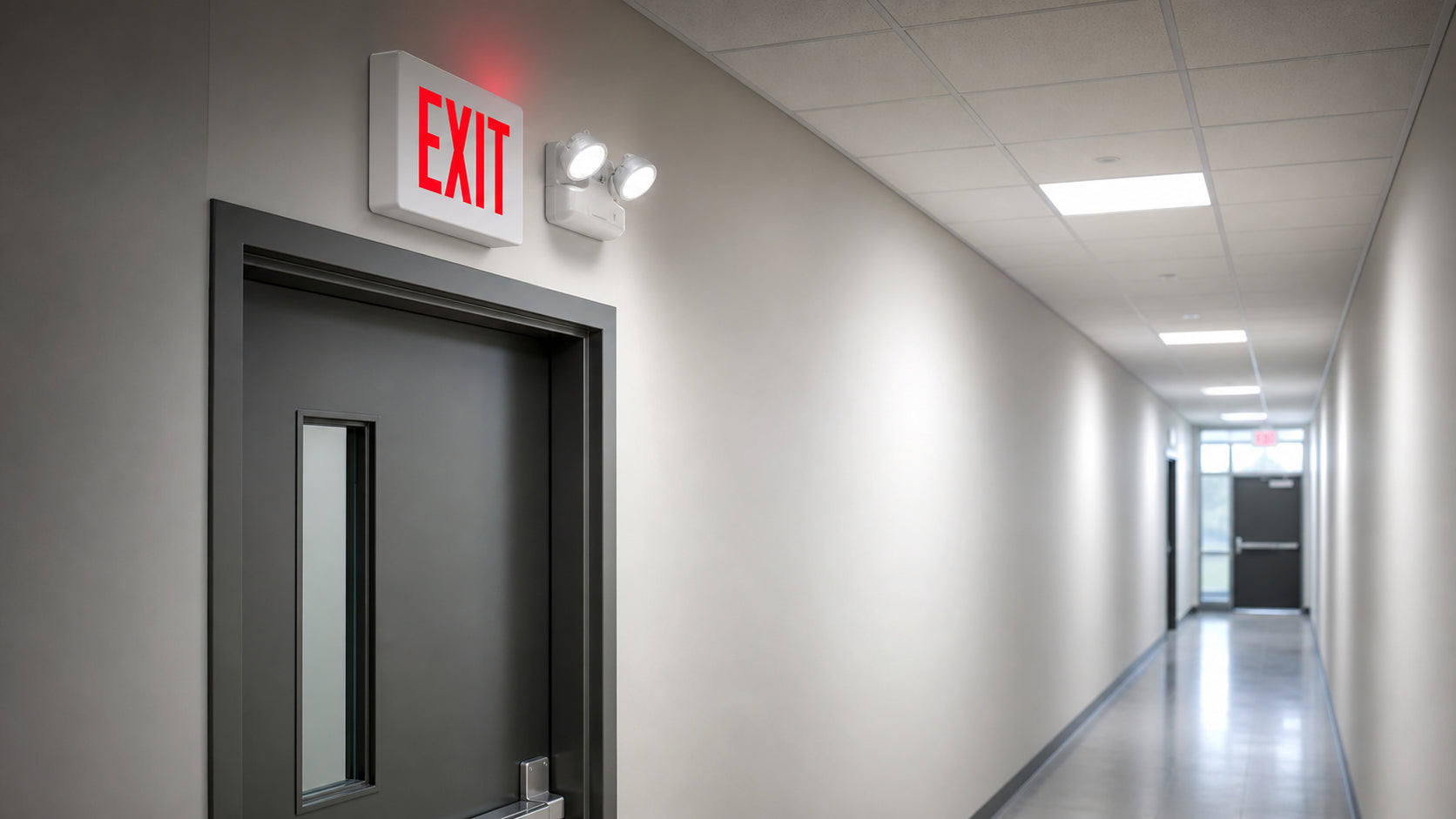 Commercial corridor with illuminated exit sign and emergency light heads for battery backup and egress lighting planning.
