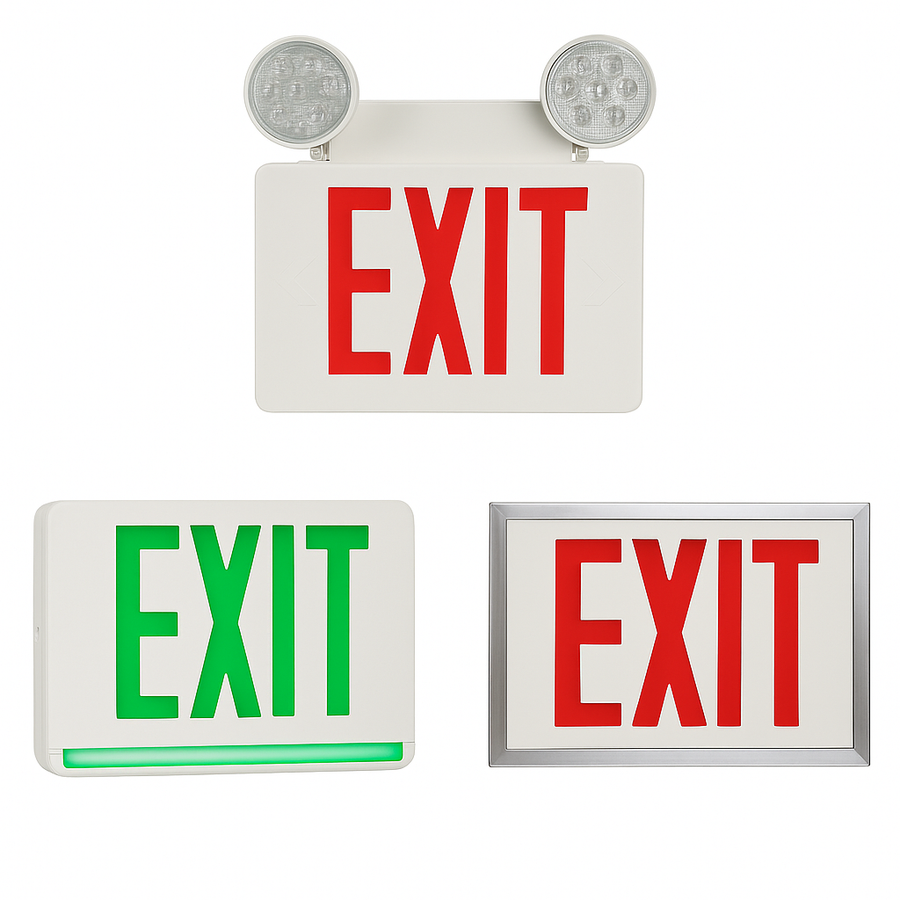 Exit Signs / Emergency Lights — triangle collage of combo EXIT with lamp heads, green EXIT sign, and red steel EXIT sign on white