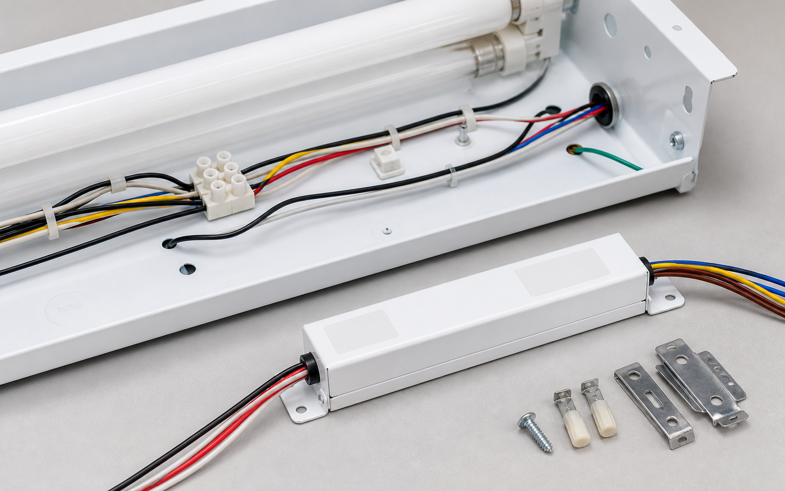 500 lumen emergency ballast staged with fluorescent fixture wiring