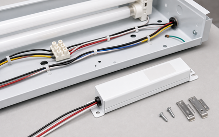700 lumen emergency ballast staged with fluorescent fixture channel
