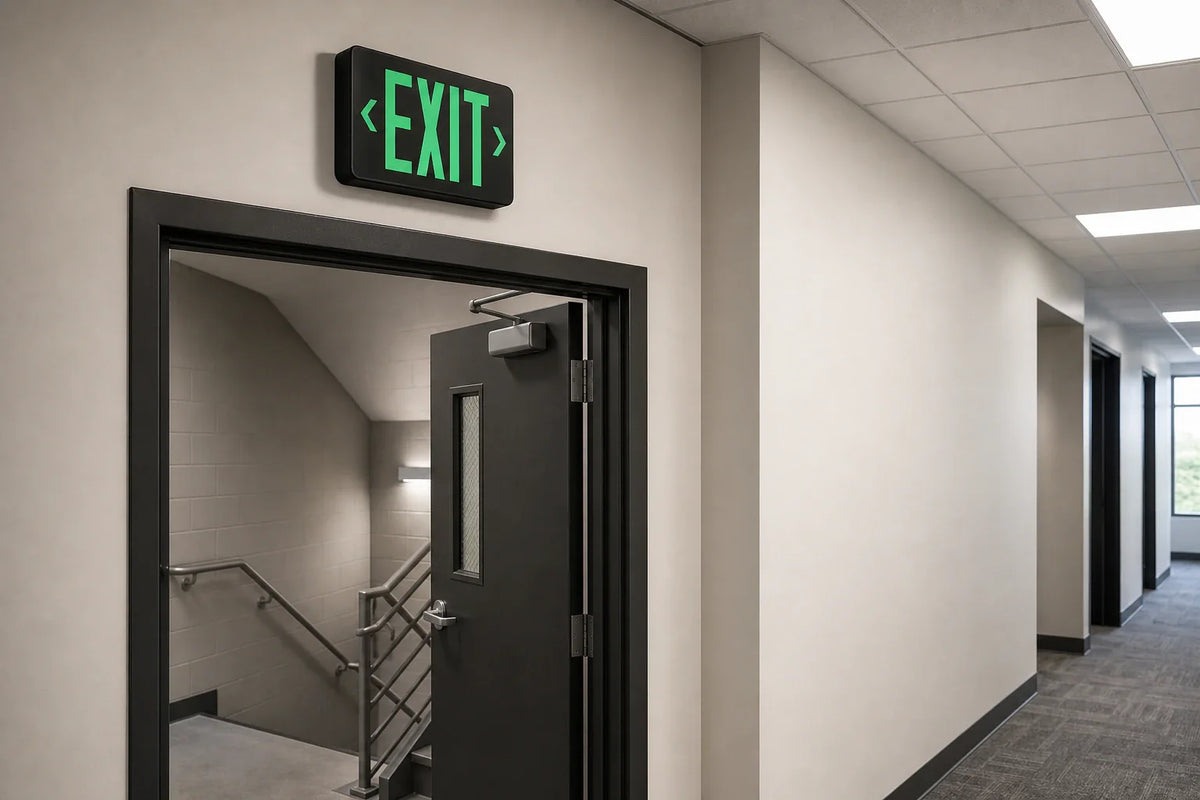 Remote Capable Thermoplastic LED Exit Sign black housing with green letters installed above stairwell door