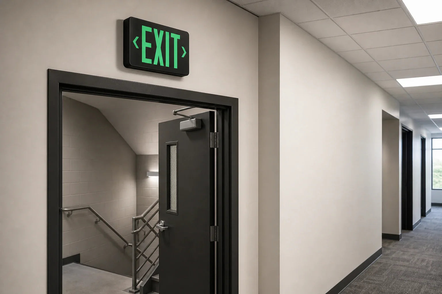 Remote Capable Thermoplastic LED Exit Sign black housing with green letters installed above stairwell door