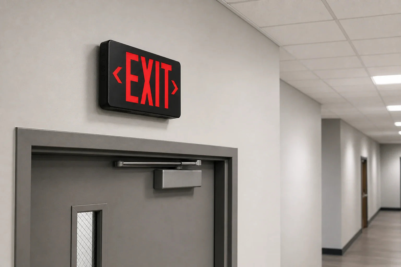 Remote Capable Thermoplastic LED Exit Sign black housing with red letters installed above commercial exit door