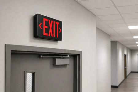 Remote Capable Thermoplastic LED Exit Sign black housing with red letters installed above commercial exit door