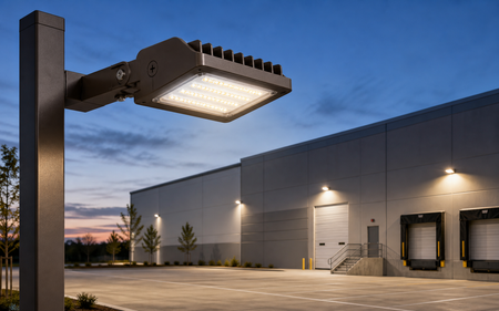 Commercial LED area light installed over loading area