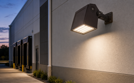 Commercial LED flood light installed on building exterior