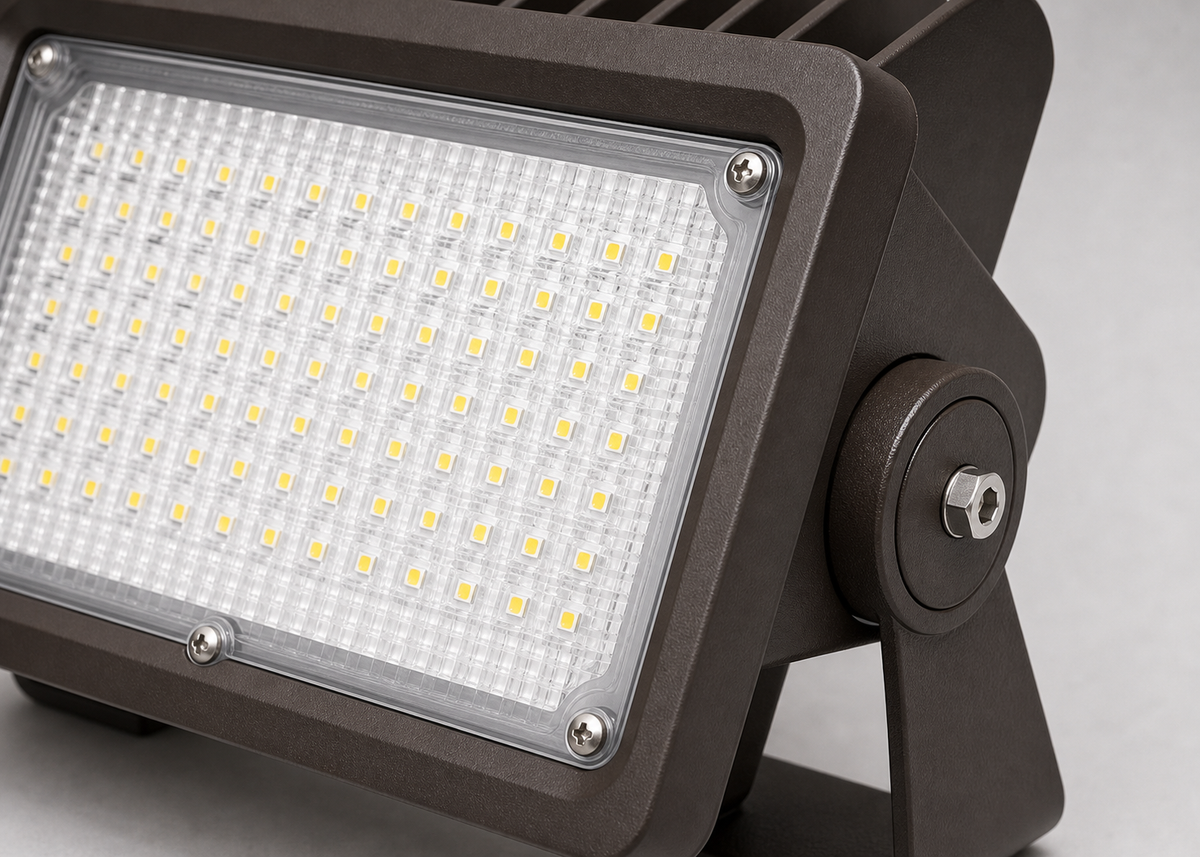Commercial LED flood light lens and bracket detail