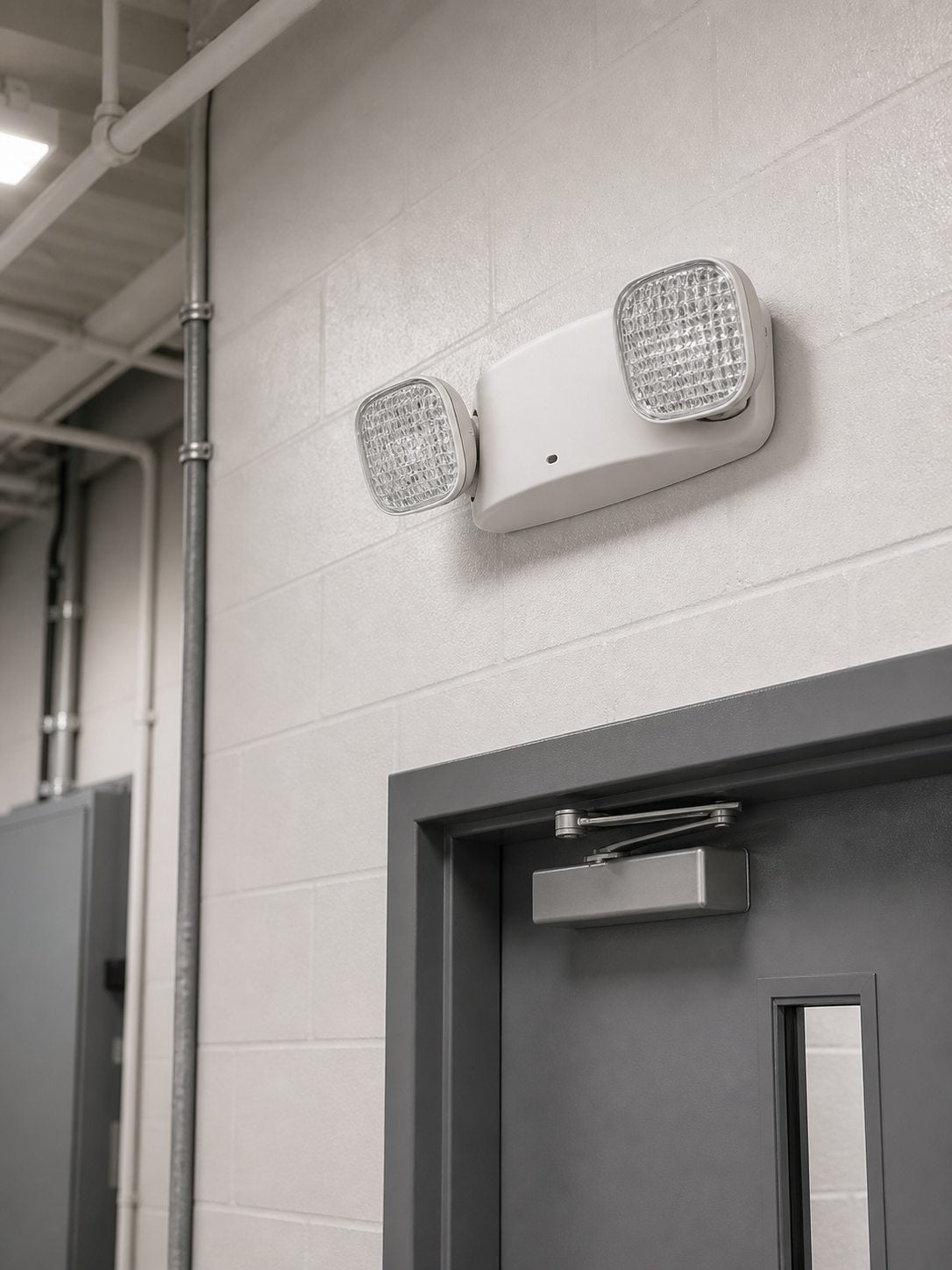 Compact LED Emergency Lighting for damp locations installed in utility corridor