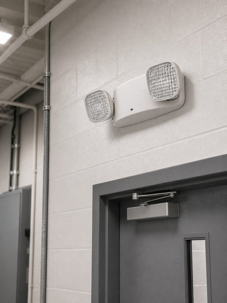 Compact LED Emergency Lighting for damp locations installed in utility corridor