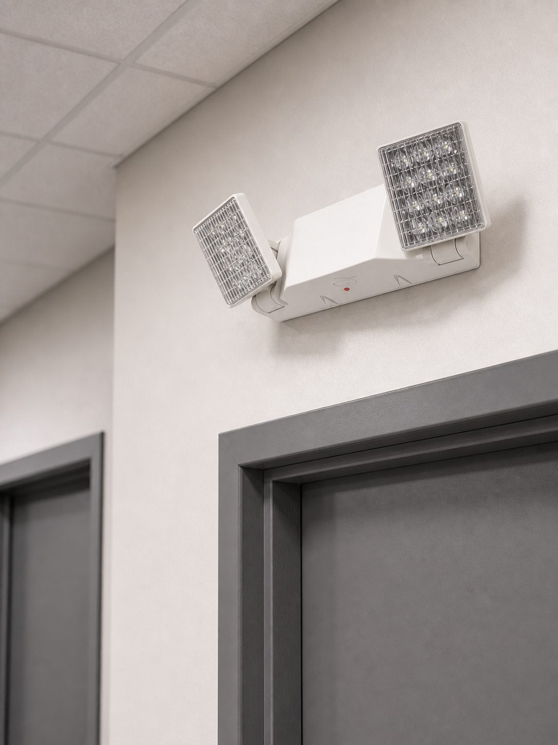 Dual-Head LED Emergency Light with adjustable optics installed above commercial corridor door