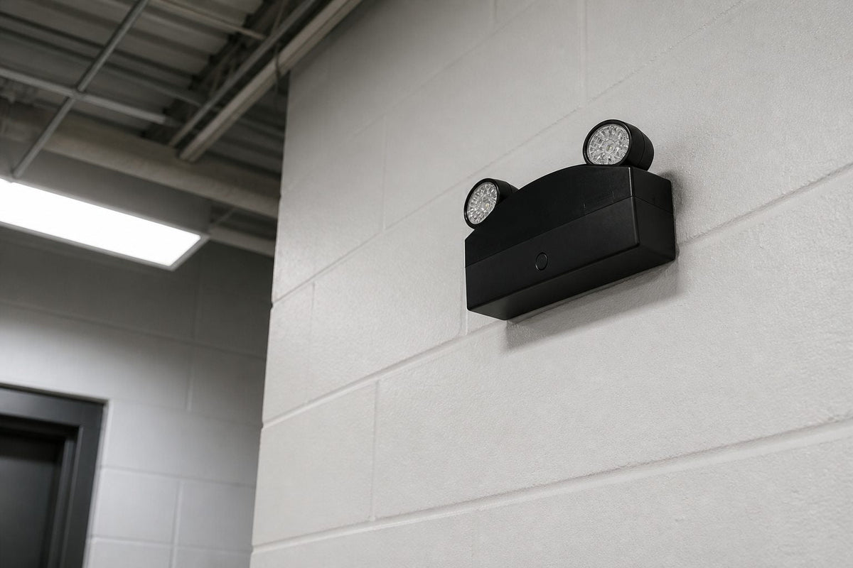 High-Capacity Emergency Light with dual MR16 heads installed in industrial corridor