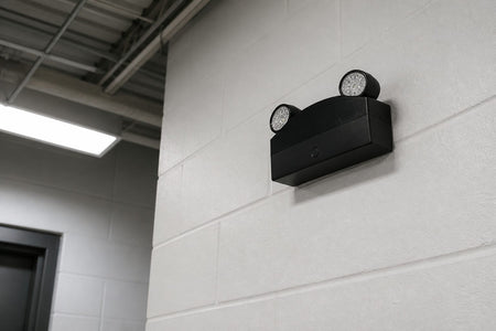 High-Capacity Emergency Light with dual MR16 heads installed in industrial corridor