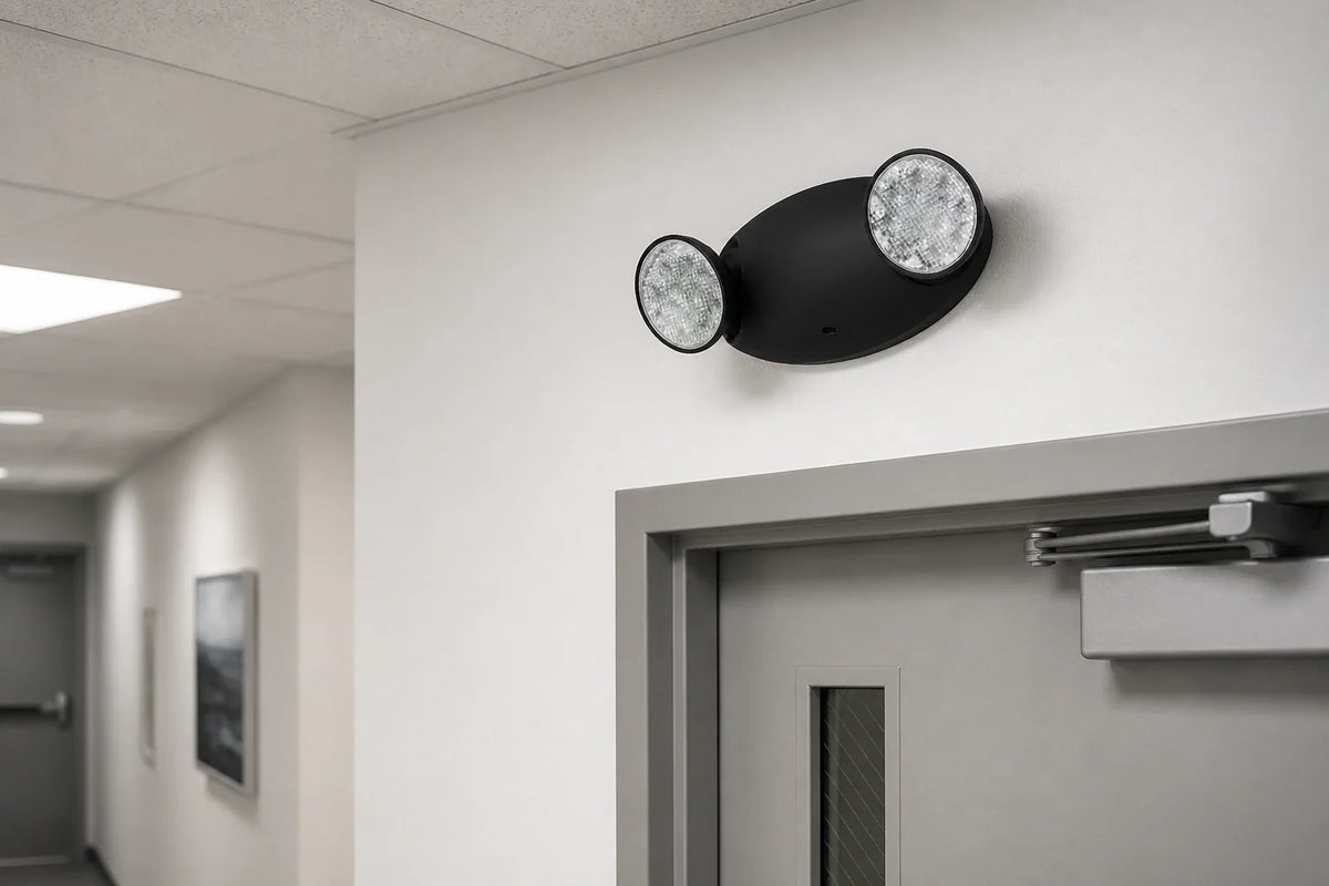 Black thermoplastic LED emergency light installed above commercial corridor door