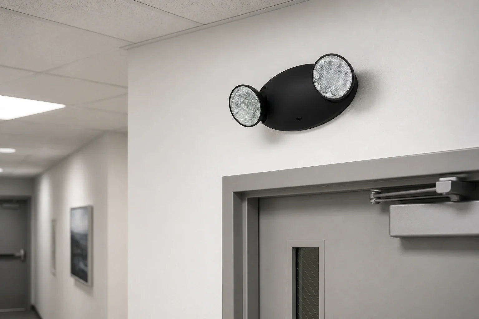 Black thermoplastic LED emergency light installed above commercial corridor door