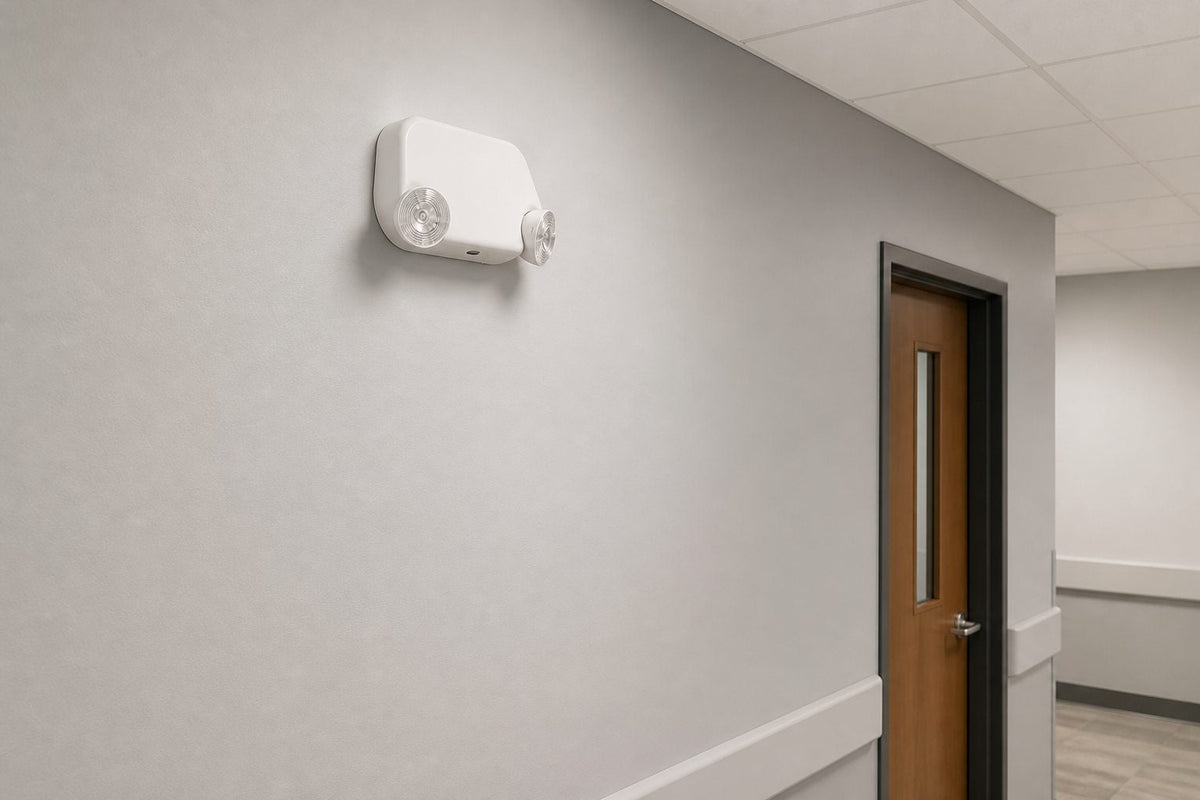 LED Low Profile Thermoplastic Emergency Light installed in commercial corridor