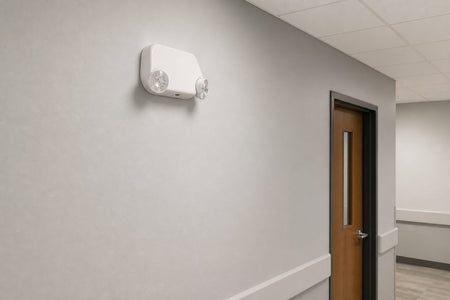 LED Low Profile Thermoplastic Emergency Light installed in commercial corridor