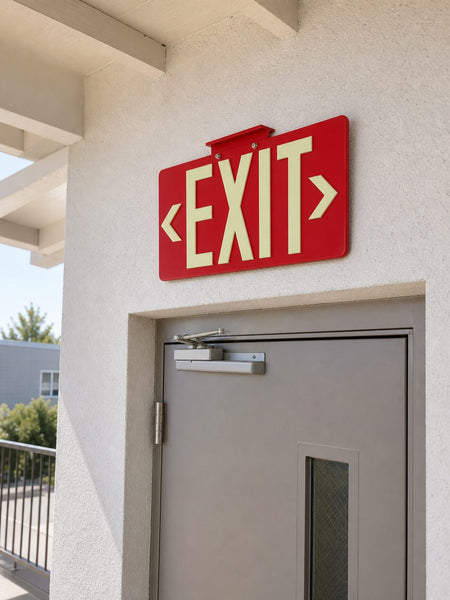 Outdoor 100-Ft Photoluminescent Exit Sign installed above exterior egress door