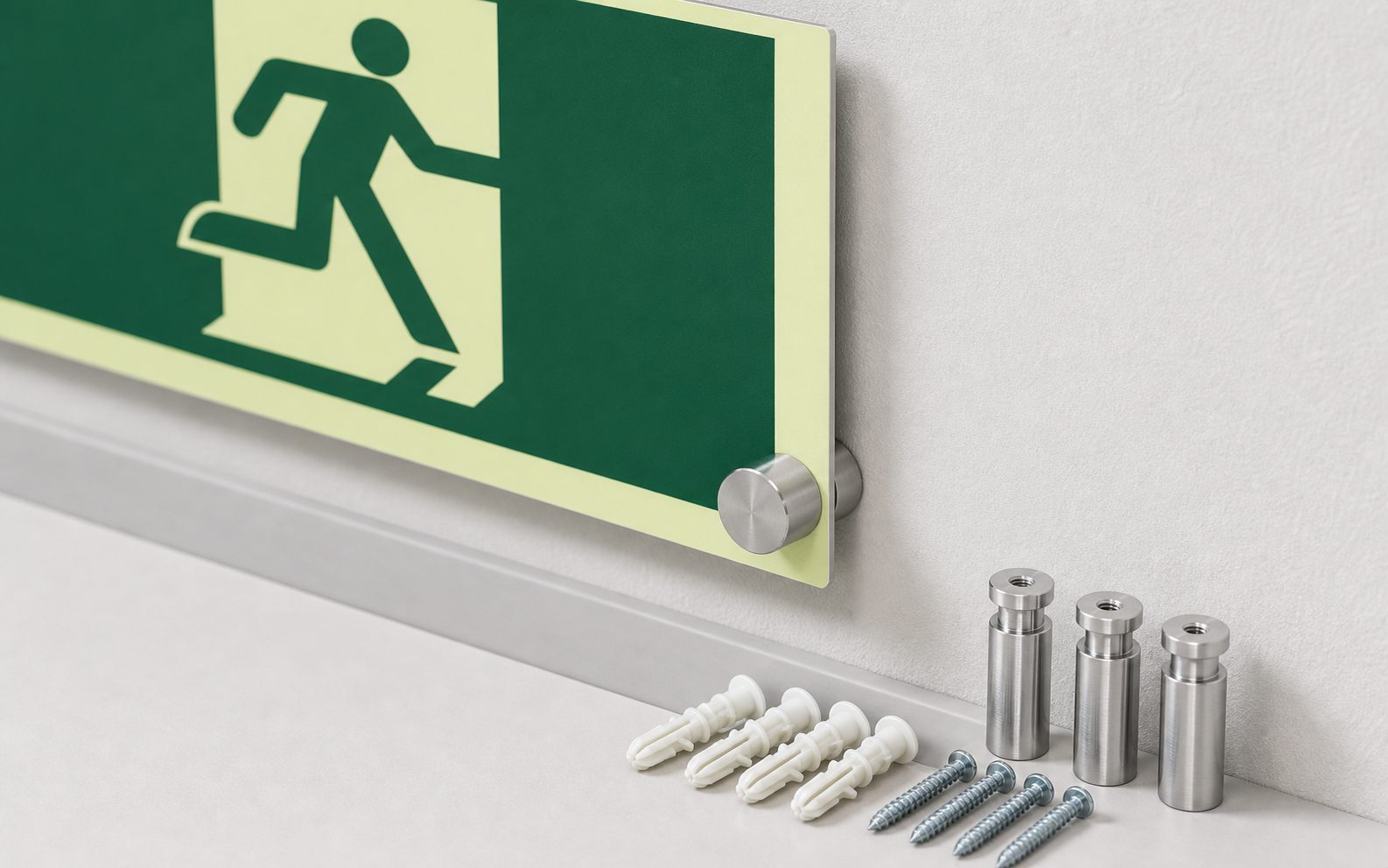 Photoluminescent sign standoff mounting hardware application