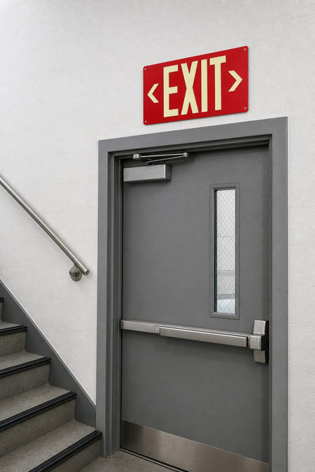 Raised-Letters 100-Ft Photoluminescent Exit Sign installed above stairwell door