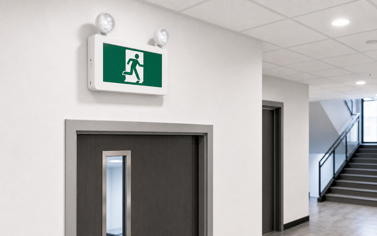 Running man exit and emergency combo installed in commercial corridor