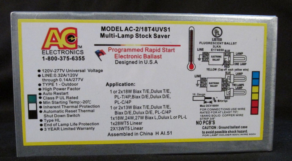 AC Ballast AC-2/26T4UVBMS - 1 or 2 lamps - 18w 4-pin CFL lamps - 120/277v - Bottom mount