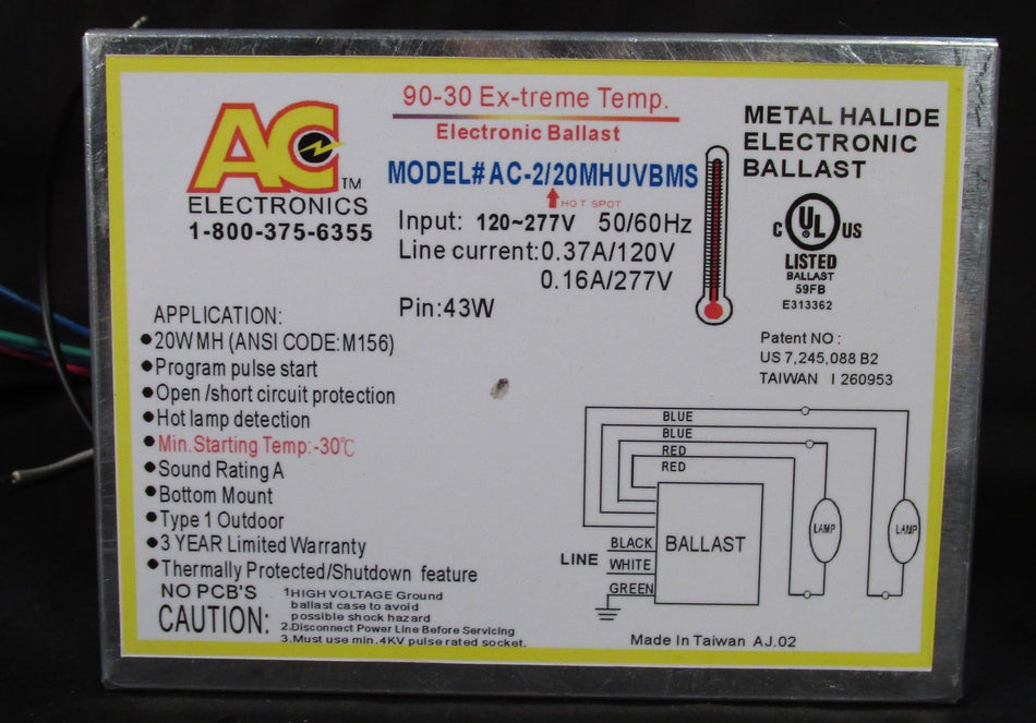 AC Ballast AC-2/20MHUVBMS - 2 lamps - 20w Electronic Metal Halide HID Ballast - 120/277v