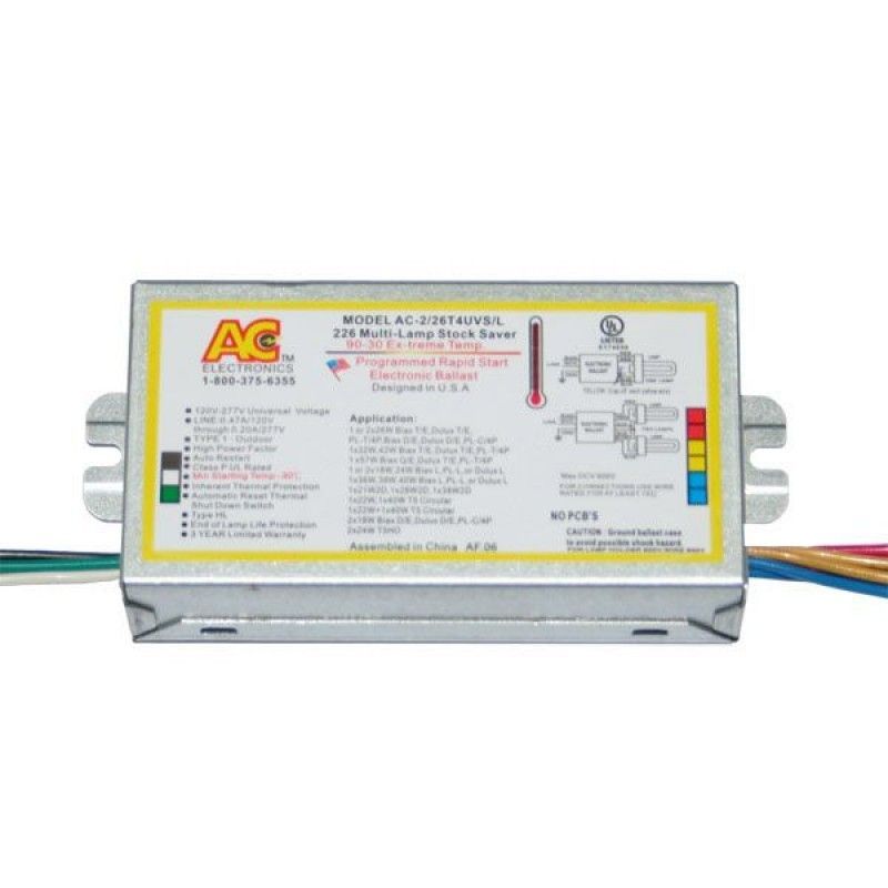 AC Ballast AC-2/26T4UVS/L - 1 or 2 lamps - 18w 4-pin CFL lamps - 120/277v - With leads