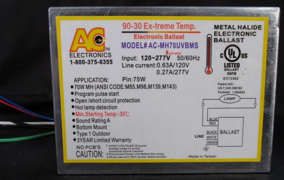 AC Ballast AC-MH70UVBMS - 1 lamp - 70w M143/M139/M98/M85 HID lamp - 120/277v - Bottom Mount - Stud to Stud: 2in