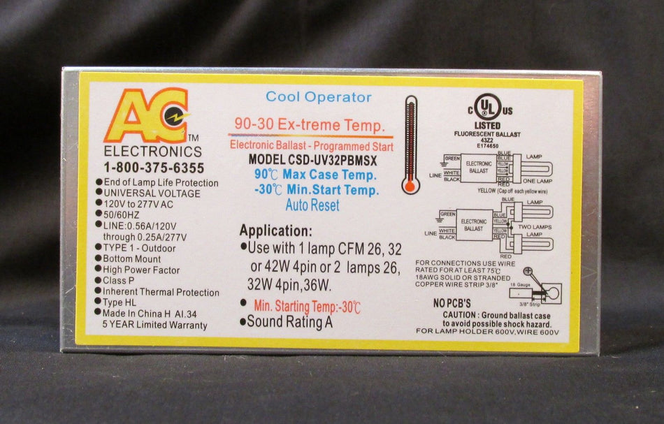 AC Ballast CSD-UV32PSX - 1 or 2 lamps - 36w CFL lamps - 120/277v