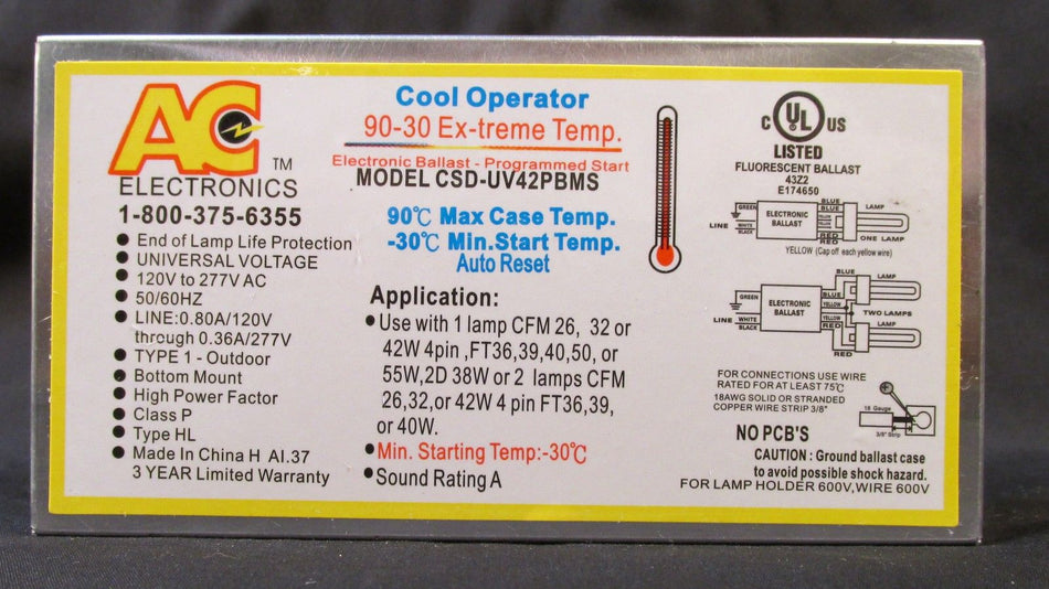 AC Ballast CSD-UV42PS - 1 or 2 - 42w CFL lamps - 120/277v