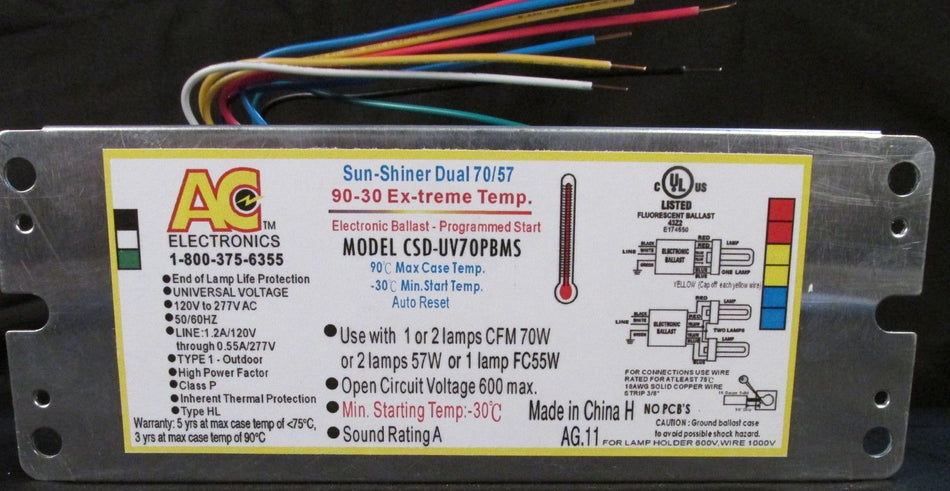 AC Ballast CSD-UV70PBMS - 1 or 2 - 70w CFL lamps - 120/277v - Bottom Mount