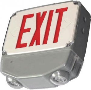 Wet Location Exit & Emergency Combo. Single/Double face red letters optional housing (White, Gray, Black)