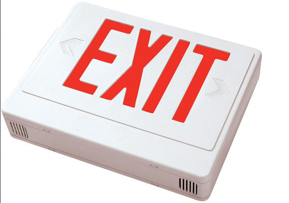 LED Exit w/Battery Backup Sgl/Dbl Face Univ. White Housing, Remote Capable 120/277V Red