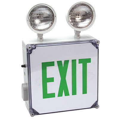 Wet location combo  single face led exit/emergency light green/red letters, 120/277v