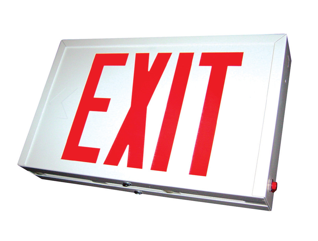 Steel Housing Exit Sign, White or Black Housing, Green/Red Letters, 120/277V