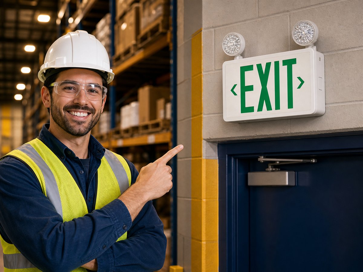 Commercial facility engineer holding an exit sign and emergency light combo fixture