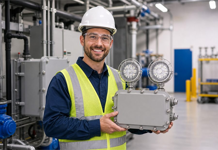Safety engineer holding a hazardous-location emergency light