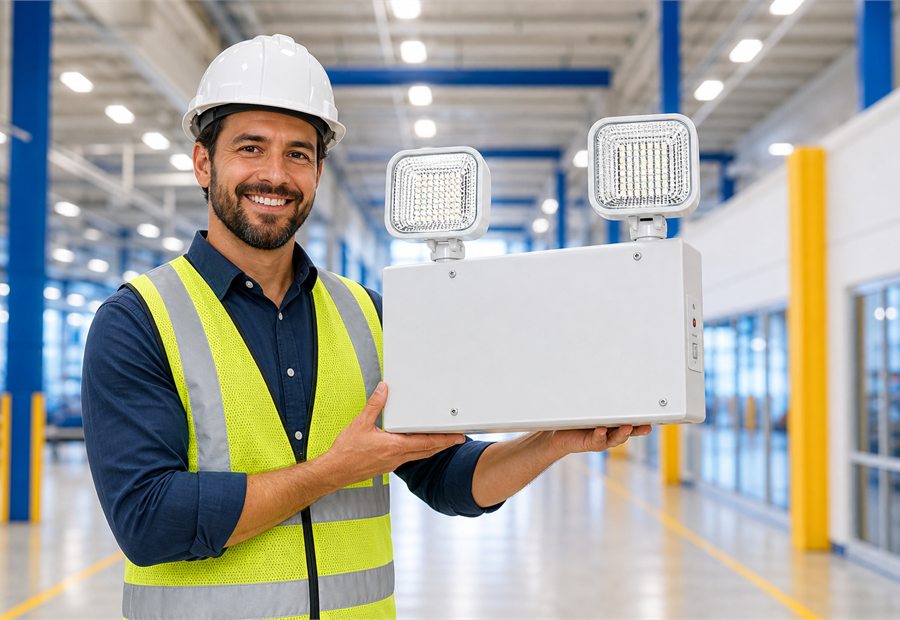 Project manager holding a high-lumen emergency light