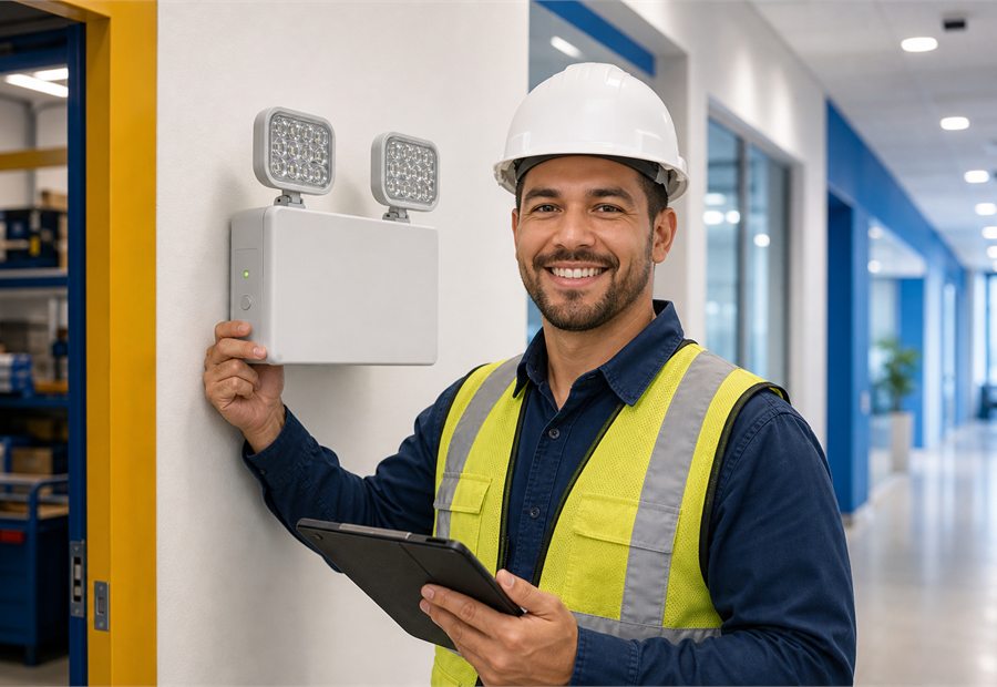 Technician checking a self-testing emergency light