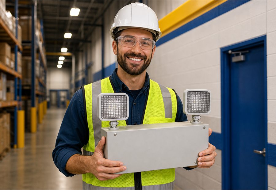 Warehouse technician holding a steel emergency light