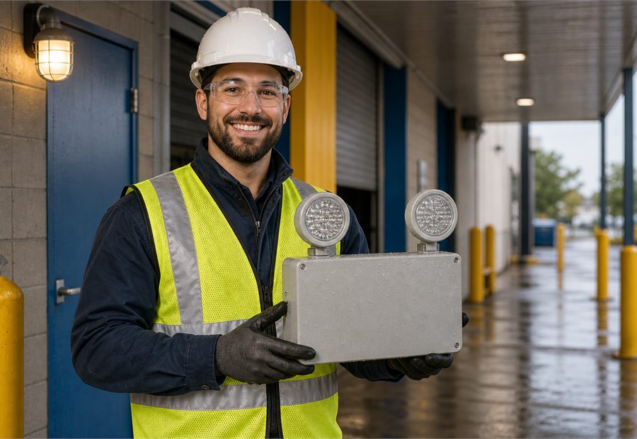 Electrician holding a wet-location emergency light