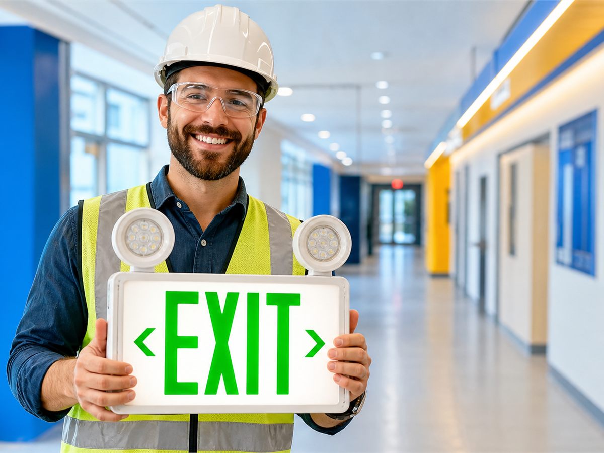 Commercial lighting engineer holding an illuminated EXIT sign