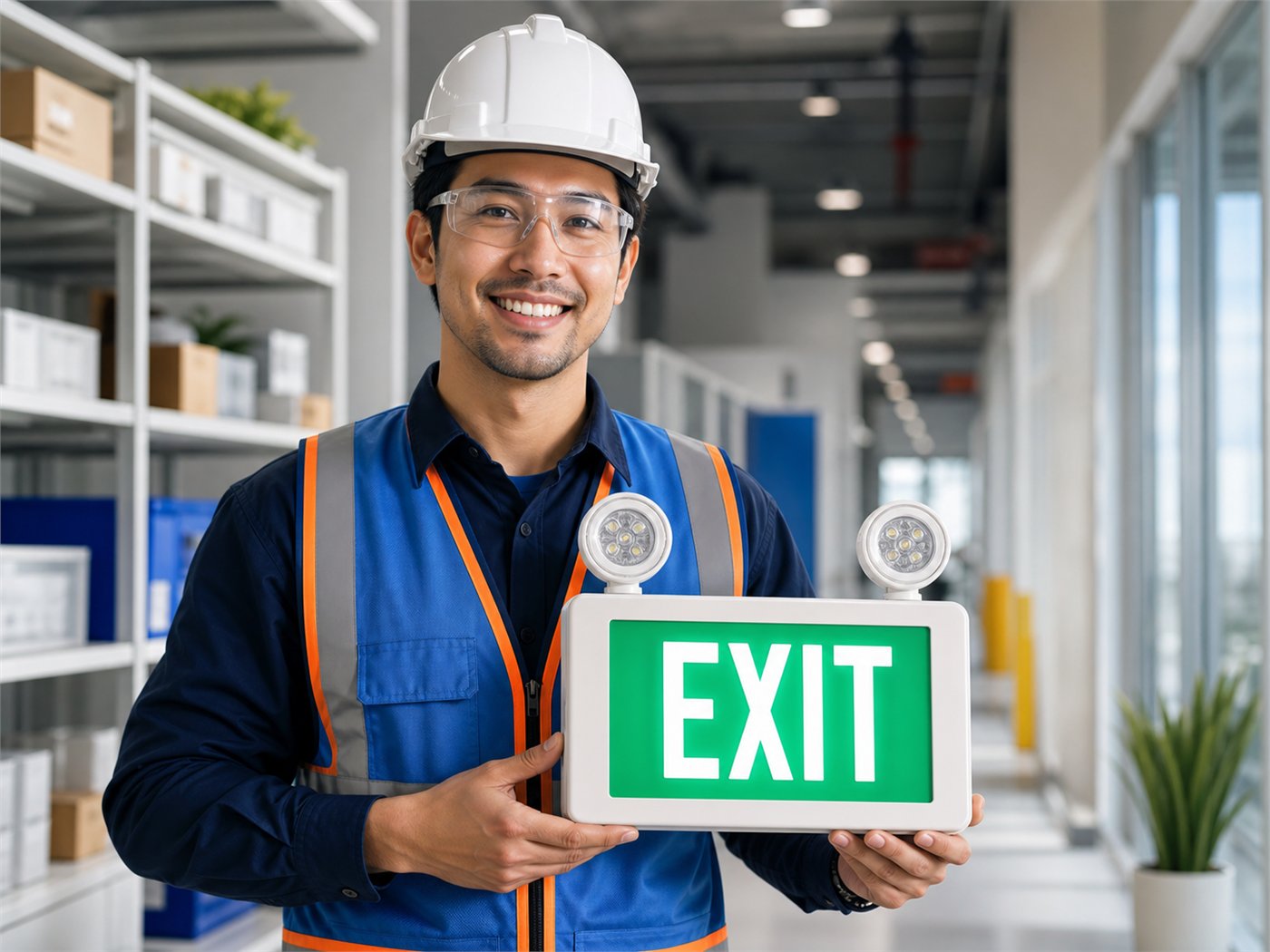 Commercial lighting engineer holding an illuminated EXIT sign