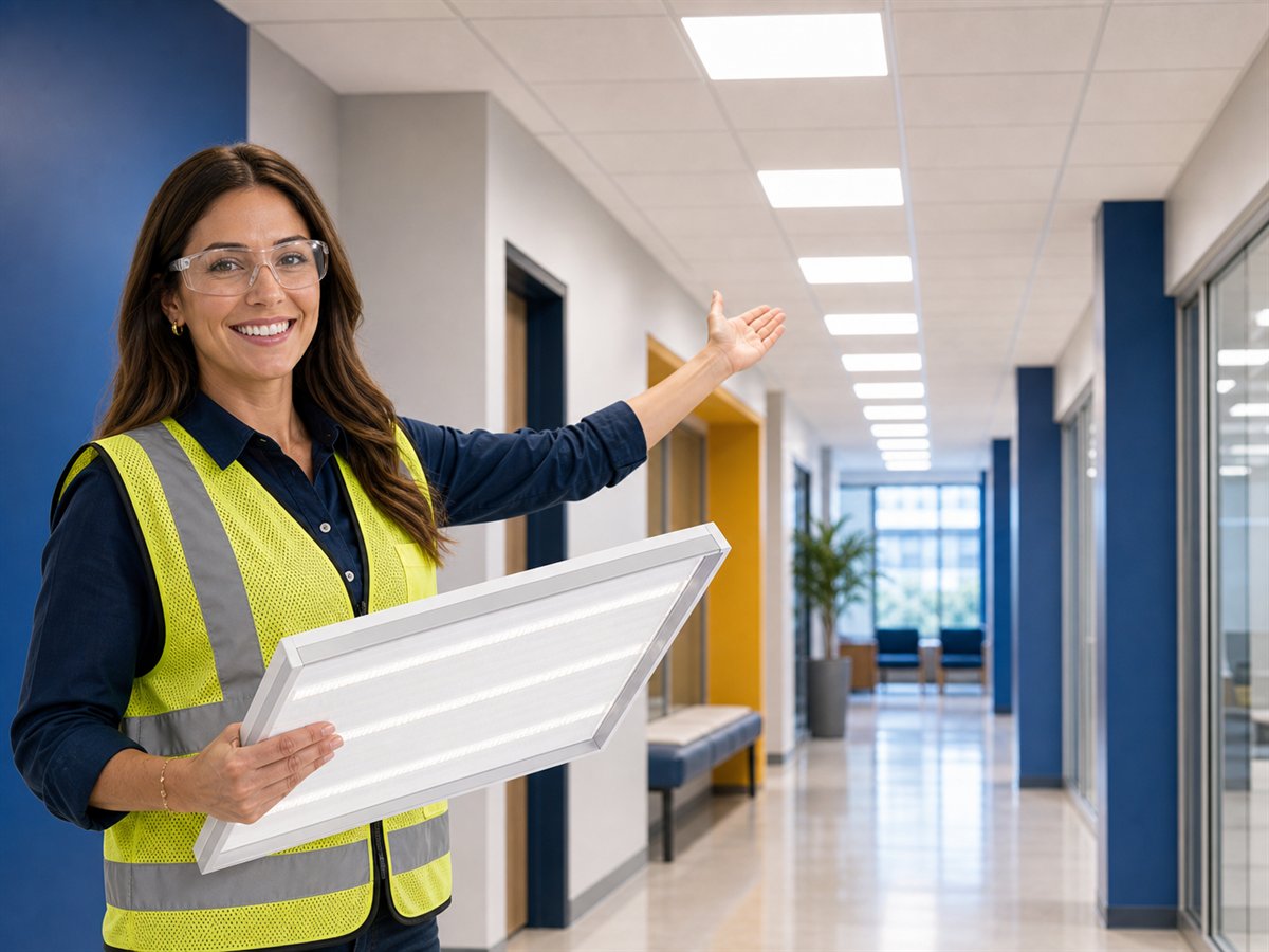 Commercial lighting project manager holding an LED flat panel in a bright office corridor